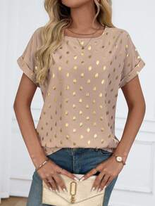 Miaspire 大码女式金箔波点印花蝙蝠袖衬衫，夏季女装，度假，春季 - 卡其色 - 查看 3