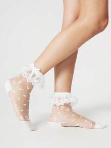 ROMWE Kawaii 1双夏季蕾丝洛丽塔JK风格中筒袜，白色爱心图案，可爱女士款 - 白色 - 查看 4