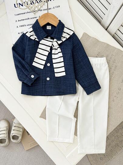 Souflis Souflis Set de 3 piezas para bebés niños: Impermeable casual multifuncional y cómodo, camisa de manga larga con cuello de lino y pantalones de cintura elástica, adecuado para ir al trabajo, la escuela, uso casual, vacaciones, bodas y otras ocasiones, tallas de 6 meses a 3 años, ropa para niños, ropa para bebés, camisa para niños pequeños, pantalones para niños pequeños