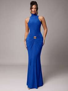 Silquee 女士优雅派对长袖性感高领露背连衣裙，金属扣装饰，酒红色/锚红色，弹力针织面料，适合鸡尾酒会、浪漫约会、秋冬针织连衣裙、派对、婚礼、伴娘、晚礼服、万圣节、圣诞节等场合。 - 寶藍色 - 查看 5