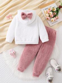 Genkimix Kids Set de 2 piezas de sudadera reversible acanalada y cálida de felpa con bordado de lazo lindo y pantalones de cintura elástica, adecuado para la escuela, otoño/invierno - Multicolor - Ver 2