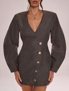 Avenya Vestido corto casual de uso diario/trabajo con cuello cruzado, mangas farol y botones metálicos delanteros para mujer, primavera/otoño - Café integral - Ver 3