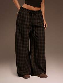 SHEIN ICON 女士棕色宽松格子简约休闲裤 - 彩色 - 查看 1