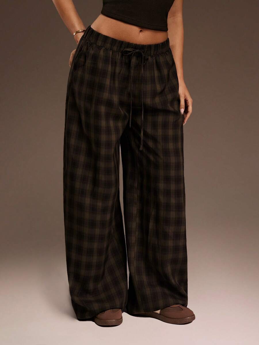 SHEIN ICON 女士棕色宽松格子简约休闲裤 - 彩色 - 查看 1
