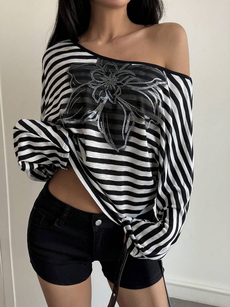 Women's Summer Asymmetrical Shoulder Striped Floral Print Waist Cinched Casual T-Shirt
