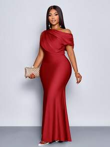 SOLERSUN 大码婚礼派对优雅杏色针织亮面面料不对称露肩无袖拼接收腰修身鱼尾长裙，女士优雅连衣裙，派对礼服，正式礼服，白色连衣裙，女士奢华晚礼服，圣诞节，婚礼宾客礼服，时尚连衣裙，夏季，2026，新年，中国红，情人节，爱，性感，度假 - 酒紅色 - 查看 4