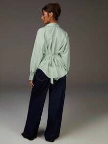Athîral Women's Casual Striped Print Loose Fit Tie-Waist Long Sleeve Shirt, Suitable For Work, Commute, And Vacation, Spring/Autumn Light Green Top, Tie Up - Green - View 5