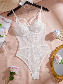 Romantic Lace Detail Steel Hoop Sexy Bodysuit Bridal Lingerie, Rave - White - View 1
