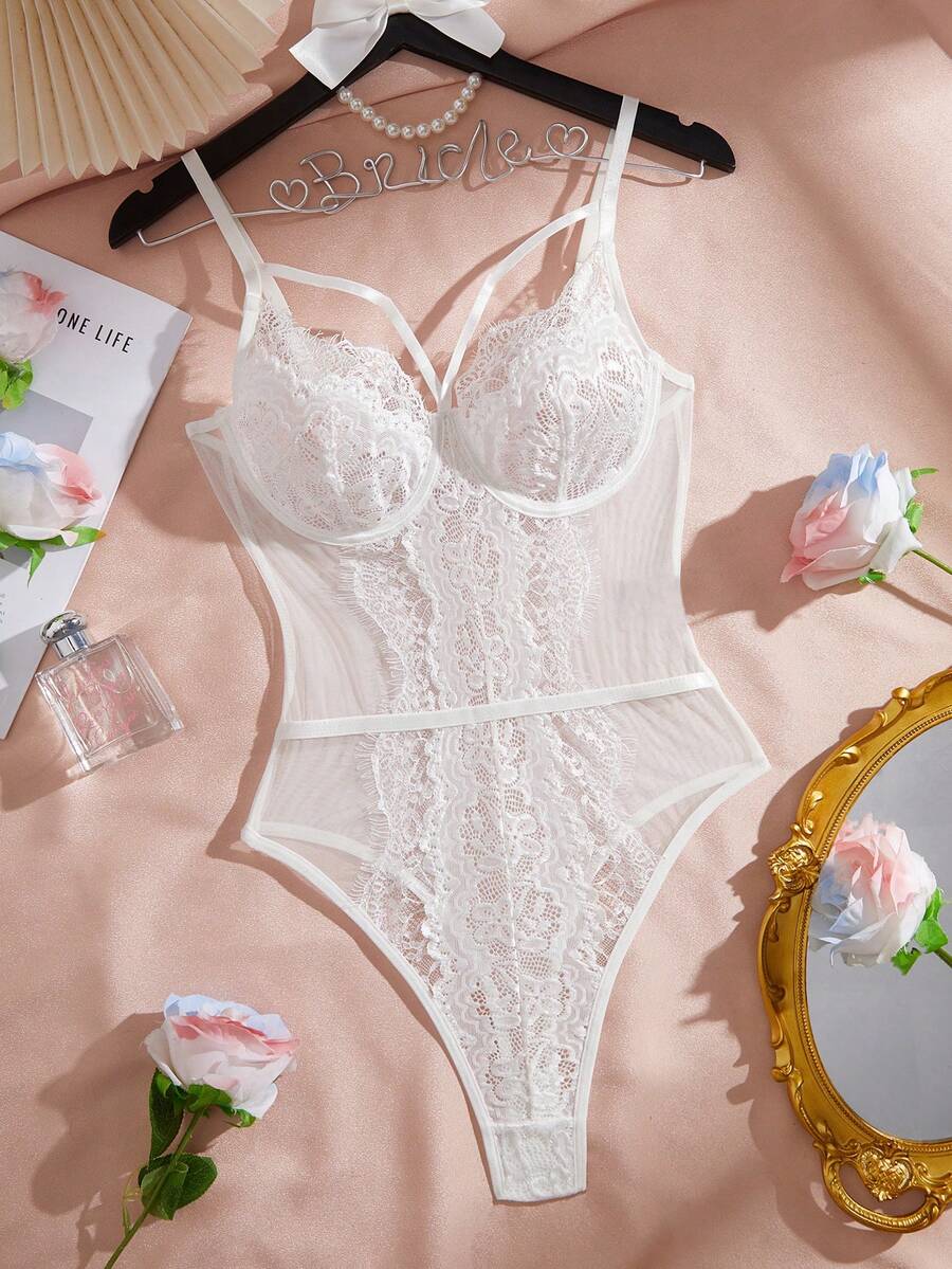 Romantic Lace Detail Steel Hoop Sexy Bodysuit Bridal Lingerie, Rave - White - View 1