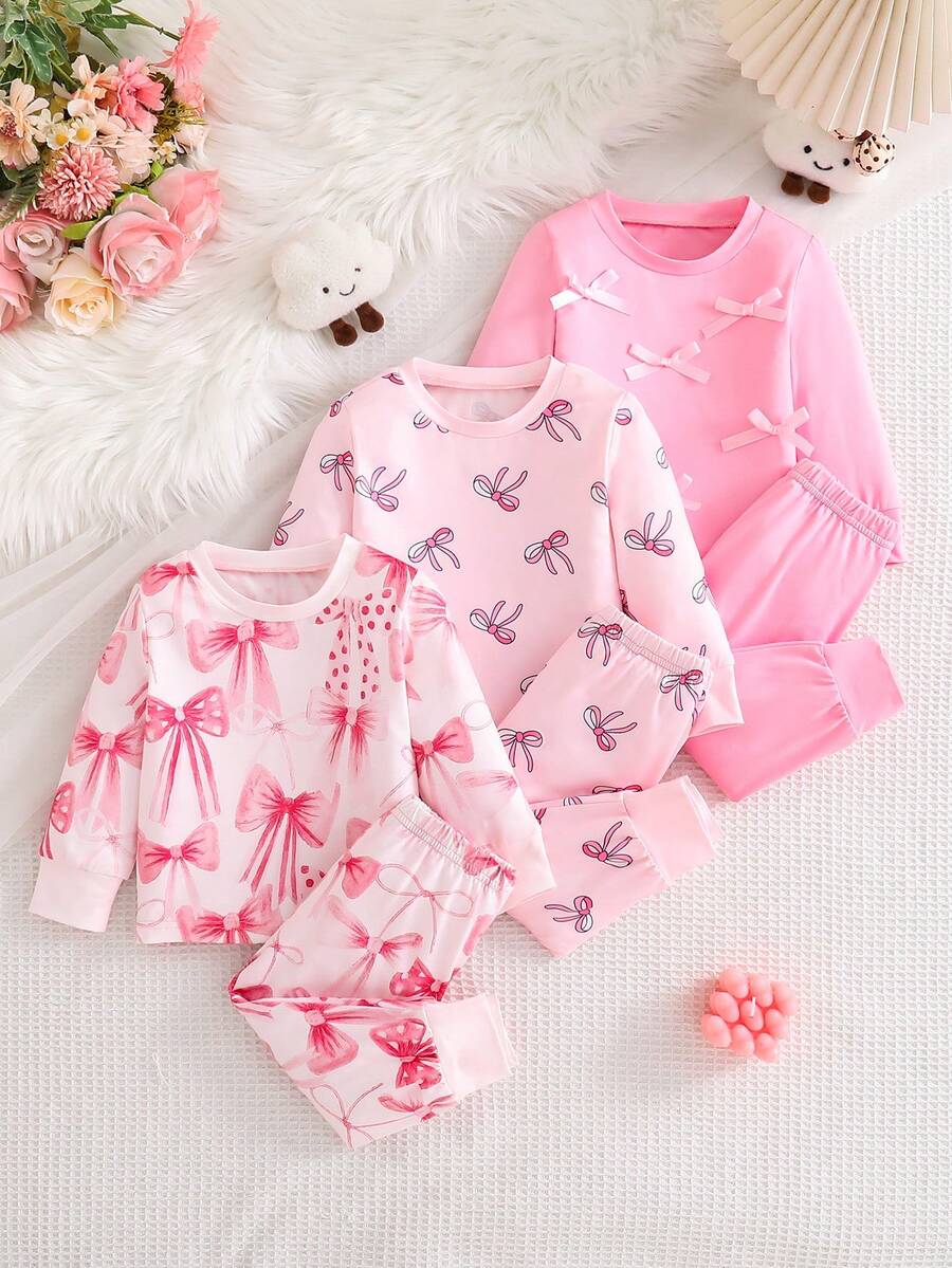 Conjunto de 6 piezas de pijama para niñas, top de manga larga con estampado de moño minimalista y moño 3D, y pantalones, conjunto de ropa de dormir - Multicolor - Ver 1