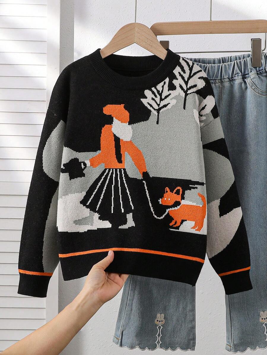 SHEIN 少女百搭绿色开衫，饰有可爱卡通提花图案 - 新款柔软舒适的圆领长袖针织毛衣，适合日常穿着及秋冬季节。 - 黑色 - 查看 1