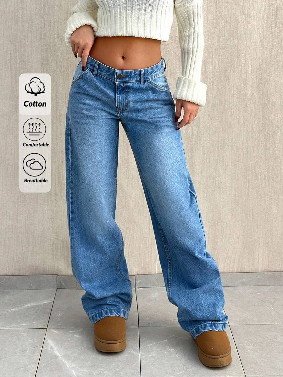 EURMUSE Low-Waist weite, lockere Straight-Leg Jeans - Helle Waschung - Übersicht 1