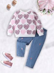 2pcs Girls Cute Style Toddler Sweatshirt Set, Spring/Autumn & Autumn/Winter, Pink Heart Print Pattern Fitted Knit Long Sleeve Sweatshirt Paired With Vintage Mid-Blue Denim Heart Embroidered Tapered Jeans, Soft & Comfortable Fabric, Suitable For School, Commute, Daily Wear Girl Long Sleeves Outfits Sweatshirt Set For Girl 2 Peice Set For Kids Girls - Multicolor - View 2