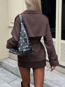 Siren Gaze 女士棕色麂皮短款风衣外套，配腰带、翻领和系带，复古时尚外套，秋冬街头风 - 咖啡棕 - 查看 2