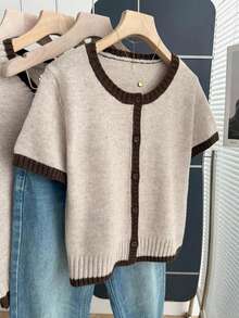 SHEIN Franclia Cardigã casual folgado de malha com gola redonda, mangas curtas, detalhe contrastante e frente aberta, para mulheres, ideal para primavera/outono. - Caqui - Ver 5