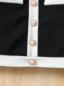 SHEIN 2pcs/Set Young Girl Casual Formal Elegant Back To School Black & White Contrast Pearl Button Top & Straight Leg Color Block Pants, Back To School, Young Lady Outfit