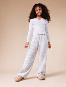 SUMWON Ribbed Knit Long Sleeve Top Wide Leg Pants Co-Ord Set Wear Matching Outfit Casual Comfort Two Piece Vacation - Grey - View 2