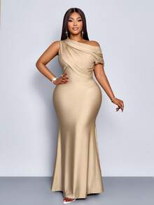 SOLERSUN Women's Plus Size Wedding Party Elegant Apricot Knitted Shiny Fabric Asymmetric Off-The-Shoulder Sleeveless Splicing Receive Waist Slim Fishtail Skirt Long Dress,Maxi Dress,Elegant Dress For Women,Party Dress,Formal Dress,White Dress,Luxury Evening Dress For Women,Wedding Guest Dress,Beige Dress,Christmas,Summer,2026,New Year,Chinese ,Valentine,Sexy,Vacation
