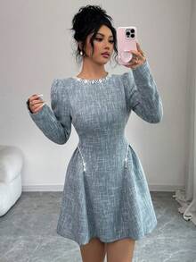 Modelyn 女士蓝色粗花呢长袖褶裥串珠腰部A字短款优雅连衣裙 - 藍色 - 查看 4