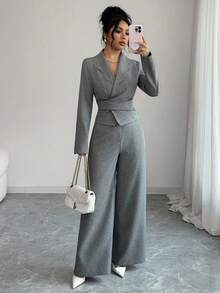 Modelyn 女士灰色编织花瓣领交叉裹身系带长袖两件套 - 灰色 - 查看 7