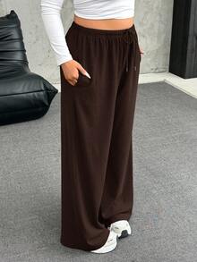 SHEIN EZwear 加大码棕色毛绒保暖舒适休闲抽绳宽松裤 - 棕色 - 查看 3