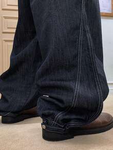 Men's Navy Blue Blue Raw Denim Jeans With Adjustable Elastic Waistband, Autumn - Blue - View 4