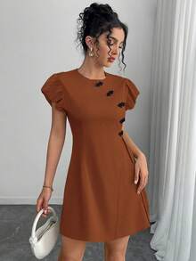 SHEIN ChicEase Đầm ngắn tay cài nút phong cách Trung Hoa cổ điển - Rỉ Nâu - Xem 3