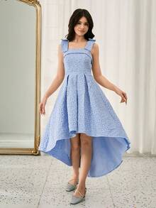 Váy dự tiệc Giáng sinh hai dây vải Jacquard thanh lịch, thắt eo cho bé gái tuổi teen - Màu xanh lam - Xem 6