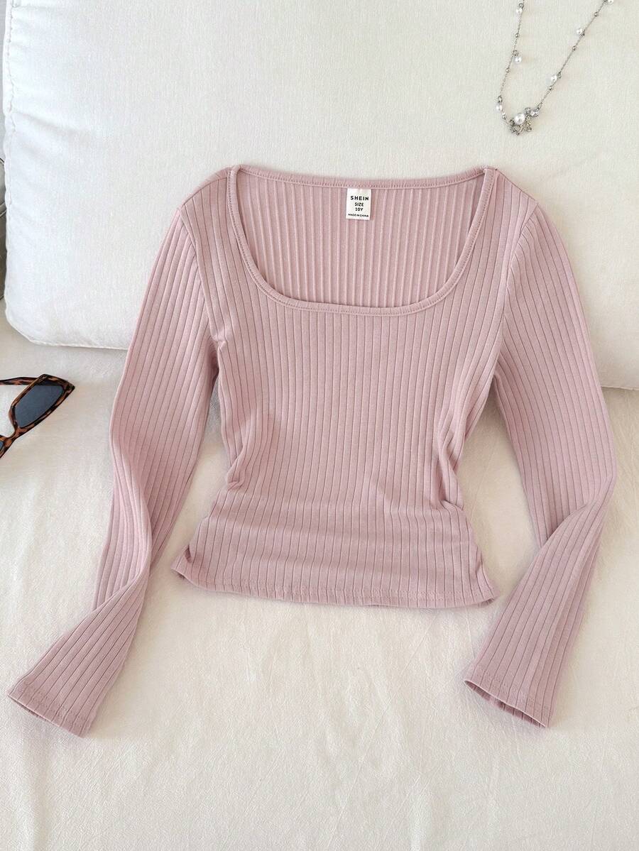 SHEIN Áo thun dài tay cổ tròn dệt kim gân màu trơn thoải mái cho bé gái tuổi mới lớn - Bụi hồng - Xem 1