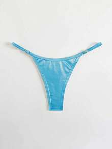 SHEIN Swim 纯色高衩性感时尚比基尼泳裤 - 藍色 - 查看 4