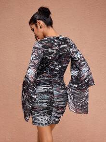 JIAN LASALA All-Over Print Mesh V Neck Overlap Front Flared Layered Sleeves Ruched Mini Dress Women Party Dresses Bell Sleeve Dress Beach Wedding Guest - Multicolor - View 7