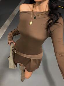 StreetHx Women's Brown Street Style Asymmetric Waist Flared Hem Metal Buckle Decor Dress, Spring/Autumn - Brown - View 4