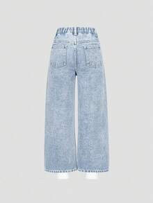 SHEIN ChillGRL Tween GirlsGrey Fashionable Casual Loose Fit Wide Leg Distressed Denim Jeans