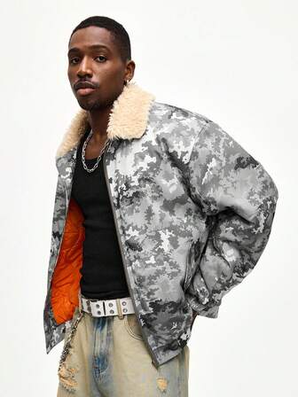 Street Life Manteau matelassé à col en polaire avec fermeture éclair et imprimé pour hommes