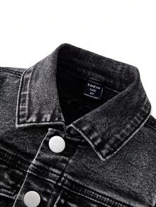 男童休闲牛仔套装，时尚百搭四季皆宜白色印花水洗牛仔套装，黑灰色 - 黑色 - 查看 5