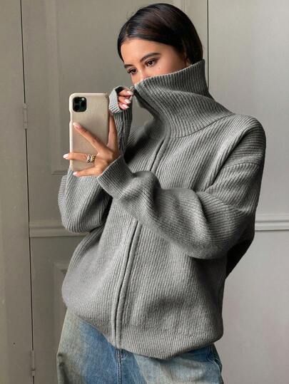 DAZY Women's Solid Color Loose Turtleneck Long Sleeve Zip-Up Cardigan