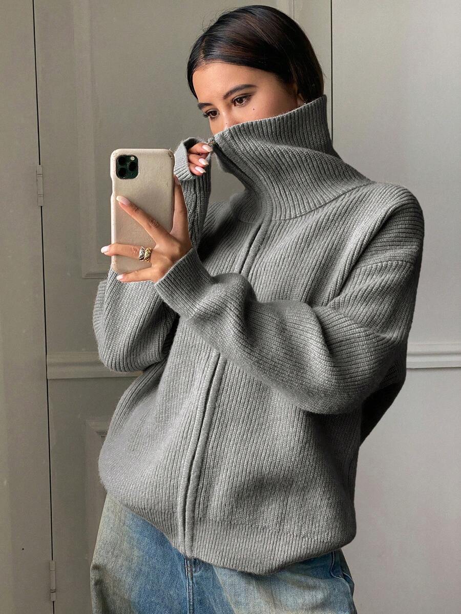 DAZY Cardigan à col roulé ample et unicolore à manches longues avec fermeture éclair pour femmes - Gris - Voir 1