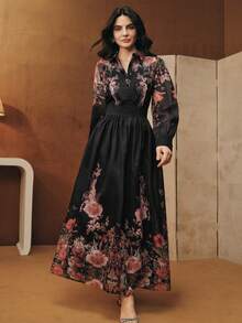 Anewsta Spring/Autumn New Floral Print Lapel Long Sleeve Waist Fit Flare Hem Women Dress - Multicolor - View 3