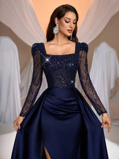 Aureia Elegant Lyxig Pärla & Paljett Blommig Bubbeldesign Transparent Långärmad Sjöjungfruklänning Maxiklänning Med Hög Slits, Lämplig För Bröllop, Fest, Semester, Bal, Aftonklänning (Tungt Utsmyckad)