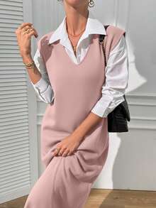 EURMUSE V Neck Sleevless Midi Dress With Slit - Dusty Pink - View 6