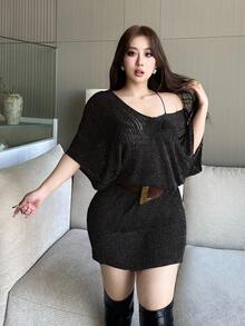 Vibekara 优雅透视针织V领修身迷你连衣裙 - 黑色 - 查看 6