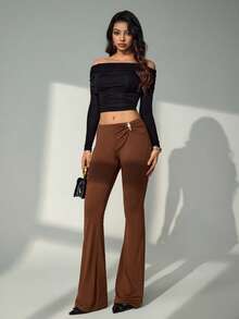 Bluhae 女士时尚通勤风纯色金属扣装饰弹力腰褶裥修身喇叭裤，适合日常、办公穿着 - 棕色 - 查看 5