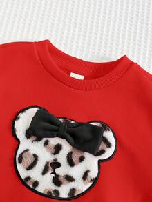 Cozy Pixies Baby Girl 3D Bow Leopard Bear Graphic Round Neck Long Sleeve Pullover Sweatshirt, Casual Sports Outerwear Versatile Red Sweatshirt, Autumn Winter - Red - View 5