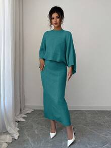 Elenzga Yellow Long Sleeve Top And Straight Skirt 2 Pieces Set, Elegant For Party And Commute, Autumn/Winter - Teal Blue - View 4