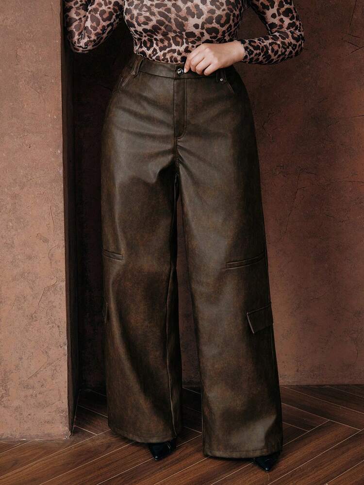 Women's PU Leather Wide Leg Pants, Loose Relaxed Fit, Elegant Vintage Style, Versatile, Plus Size, Autumn/Winter