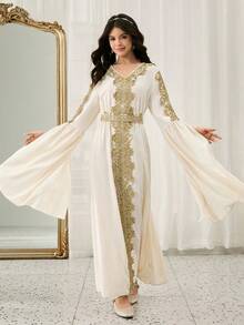 Teenage Long Dress With Middle Eastern Style Gold Trim Maxi Robe, Beige Outerwear - Beige - View 4