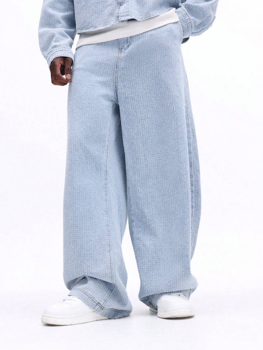 SUMWON 阔腿牛仔裤，卷边裤脚，侧边口袋，经典宽松版型，全长休闲日常下装，纯色 - 藍色 - 查看 1