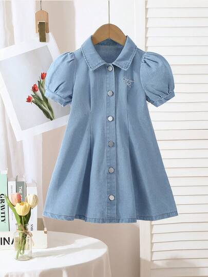 Genkimix Kids Young Girls' Fashionable & Versatile, Vintage Light Blue Denim Color With White English Embroidered Pattern, Collared Ruffle Hem Fitted Denim Long Sleeve Dress, Comfortable Cotton Denim Fabric, Suitable For Casual Outings And School Wear, Spring/Summer/Autumn/Winter Button Down Dress Girls Girl Blue Jean Dress