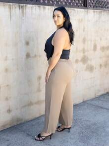 Truni Pantalon de costume taille haute à jambes larges, idéal pour la remise des diplômes, la rentrée scolaire et les tenues d'enseignantes en automne/hiver - Kaki - Voir 4