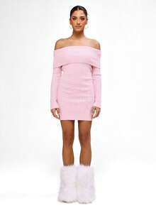 BABYPHAT Vestido de suéter mini de manga larga con hombros descubiertos y tejido de cable con detalle de doblez para ocasiones casuales de otoño e invierno - Rosa - Ver 7